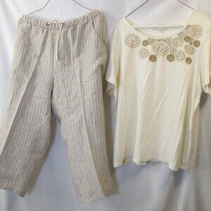 Coldwater Creek two piece set of top and tan striped cropped pants  1x
